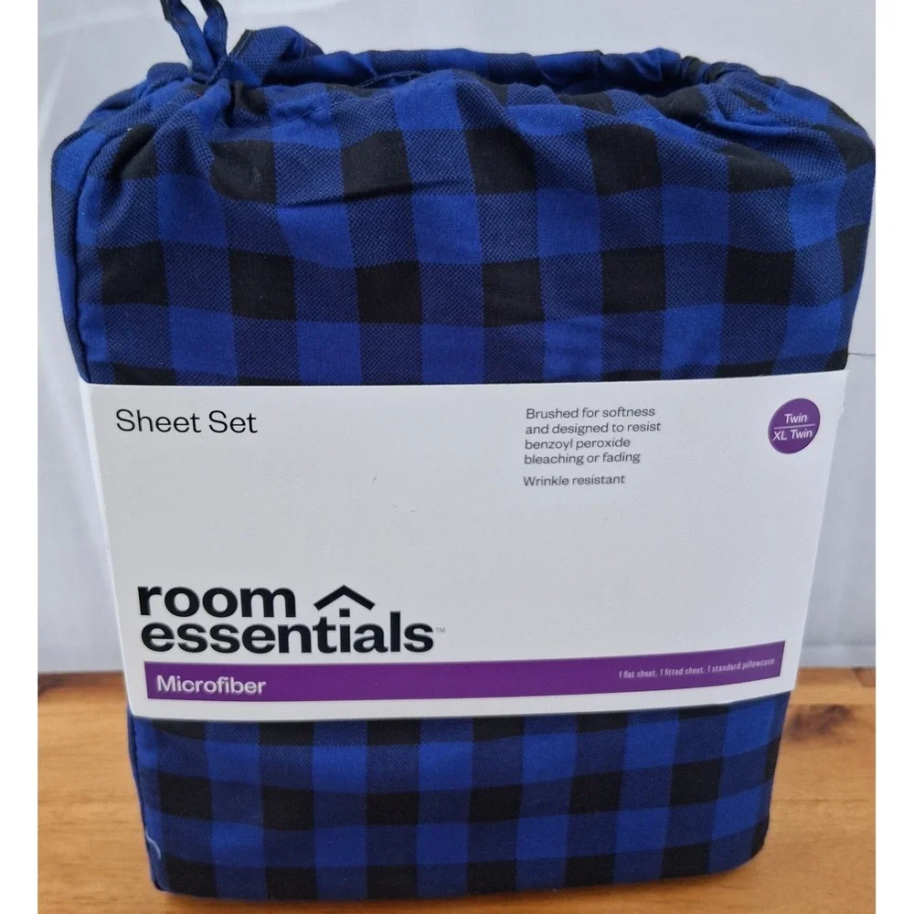 Room Essentials Microfiber Plaid Sheet Set Twin XL Blue Black Wrinkle Resistant